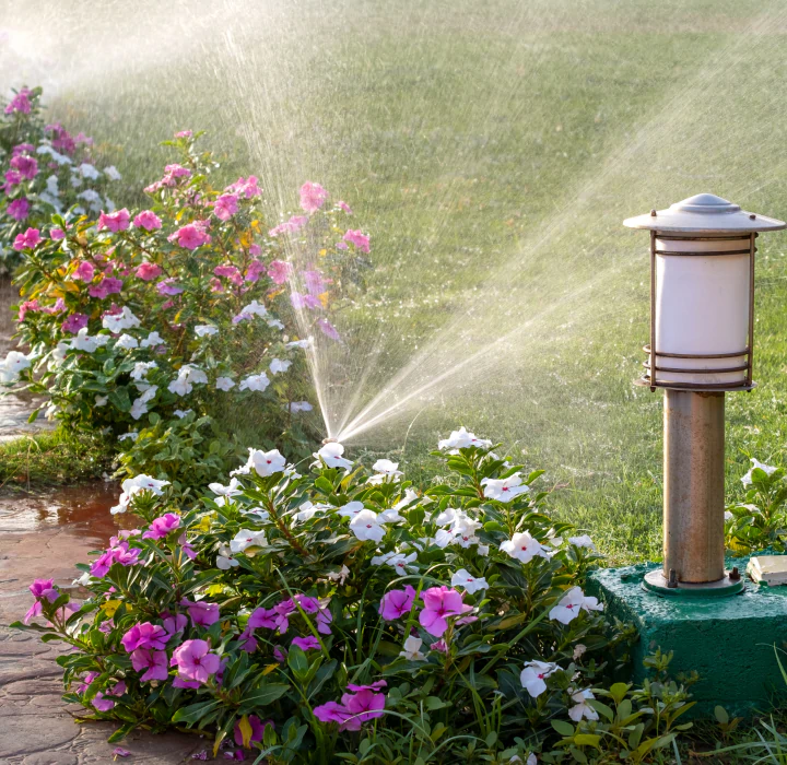 sprinkler irrigating flower bed